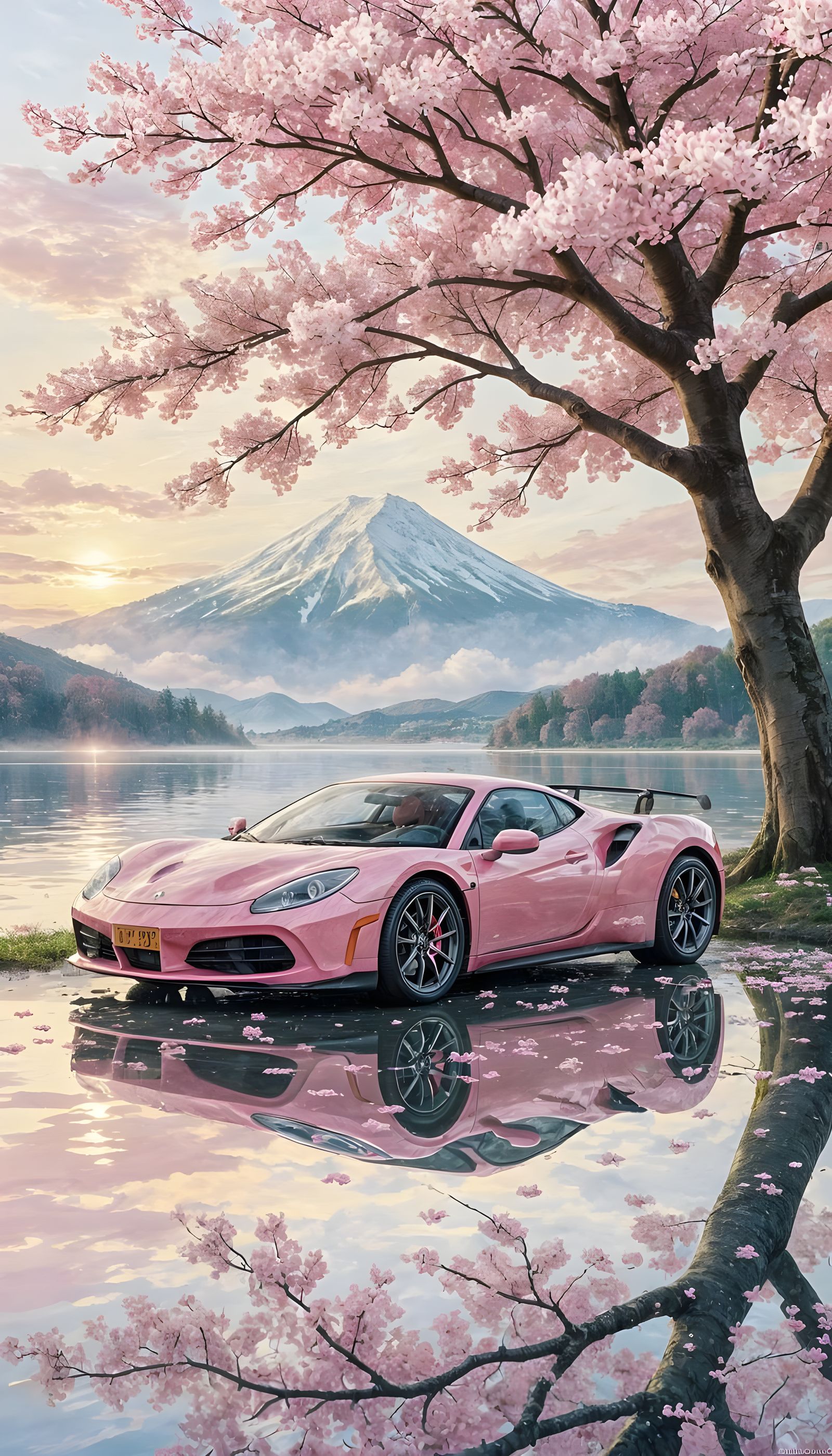 Pink Sports Car by Misty Lake at Sunrise, Watercolor Style