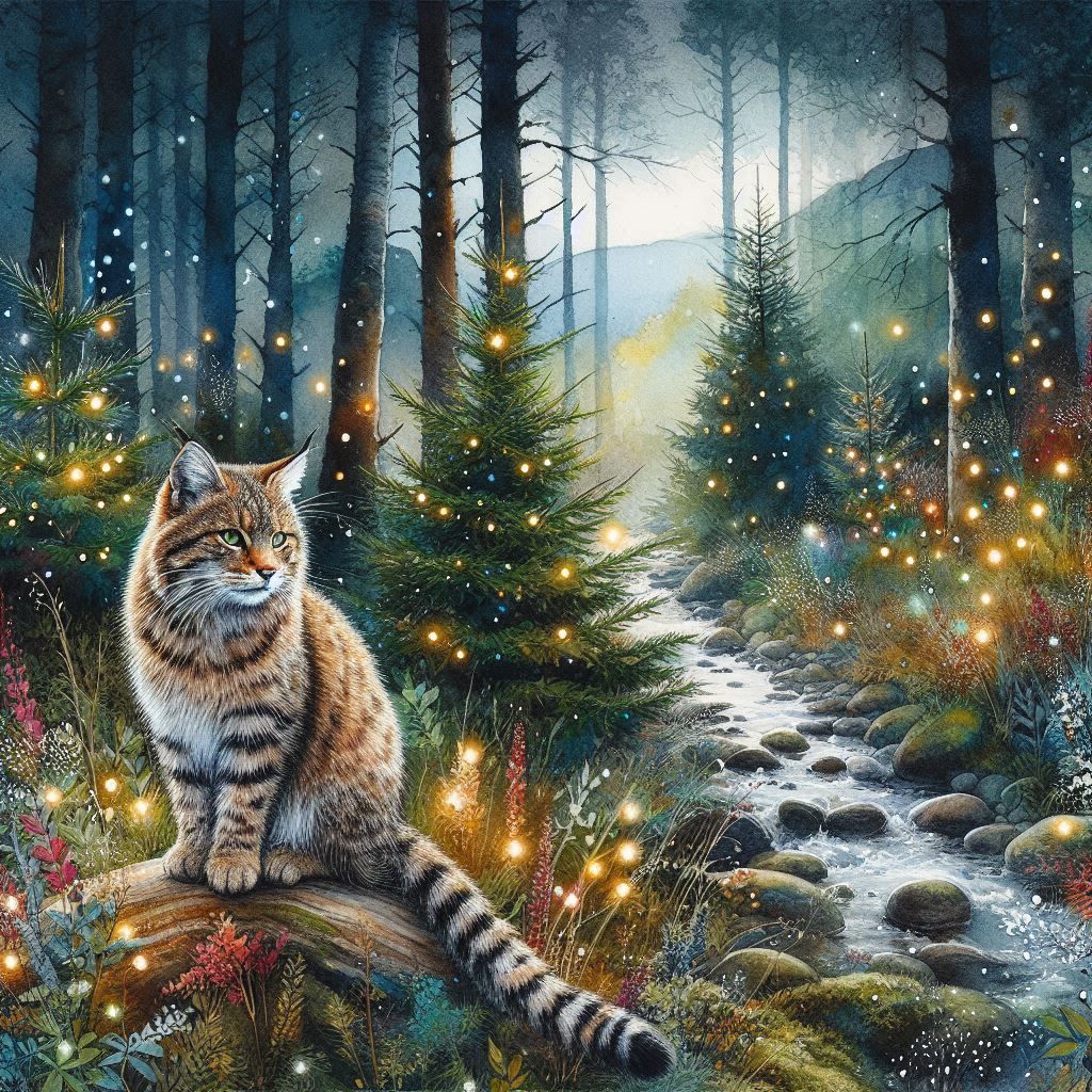 Wildcat in a lit forest