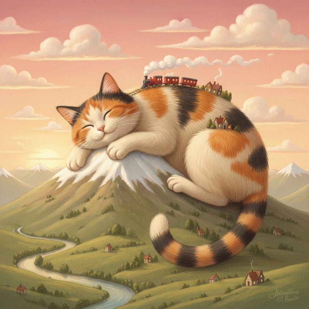 A whimsical scene of a giant, fluffy cat curled up asleep on top of a mountain range, its tail draped ...  by @Charlie Harper