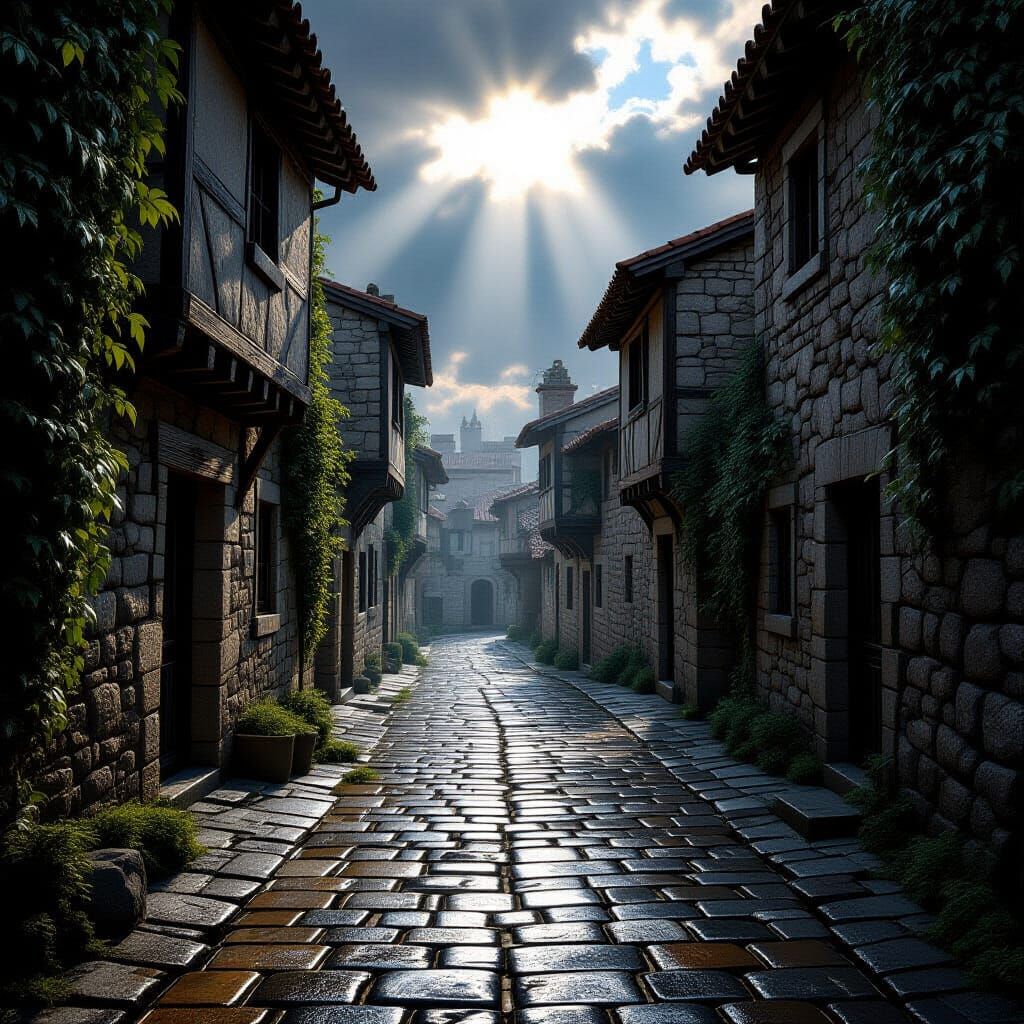 Реалистичная сцена, сверхдетализированная иллюстрация, гиперреализм 7K. Флагманский городской пейзаж древнего города. очень Узкая (60 сантим...