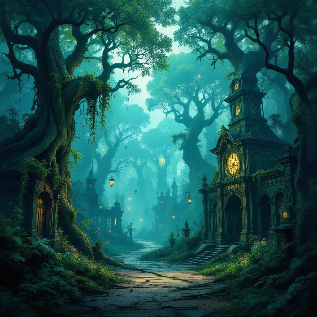 An abandoned amusement park reclaimed by a dense, magical forest, with towering, ancient trees and glowing flora. Mystical creatures inhabit...