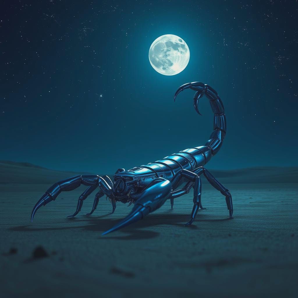 A Midnight Blue Metal Scorpion on a Midnight Stroll