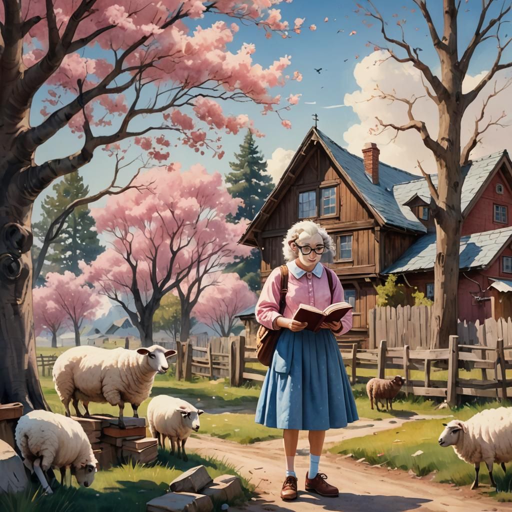Sheep Reading Book in Dreamy Watercolor Art