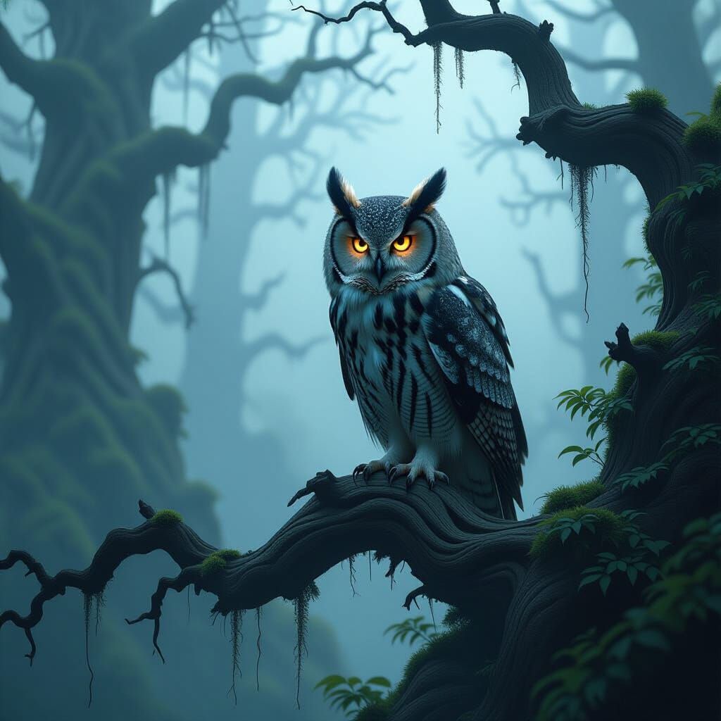 Owl in misty forest  by @Robin