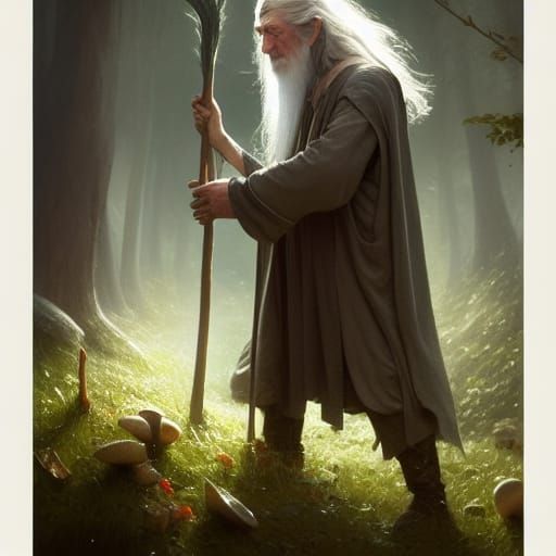 Gandalf picking mushrooms,
a masterpiece, 8k resolution, dar...