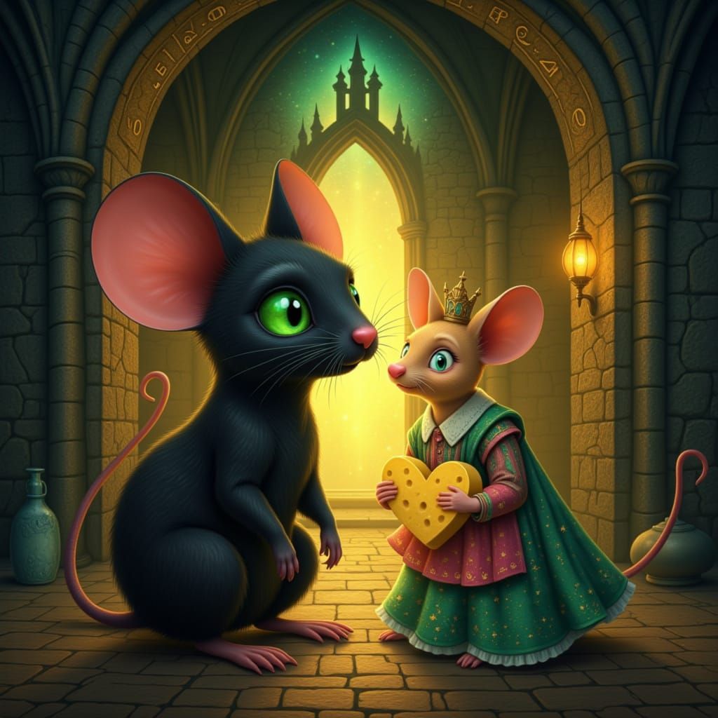 Albus the mouse and Aurelia Nibblewick, in the style of <trigger><lora:Mischievous Albus:1.0> Albus, a cat tuned mouse with pure black velve...