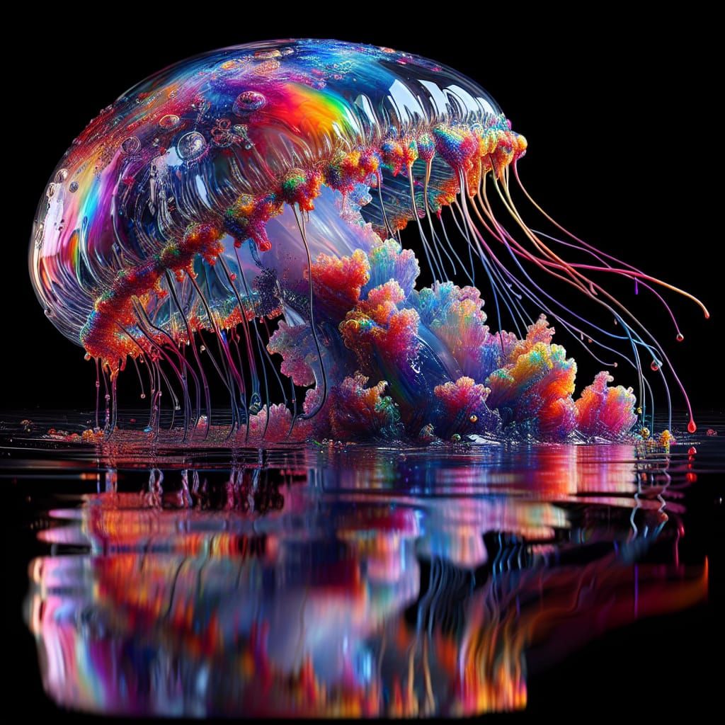 8k, hyperrealistic, detailed: translucent, wet jellyfish in front of a black background, very colorful, very detailed, w...