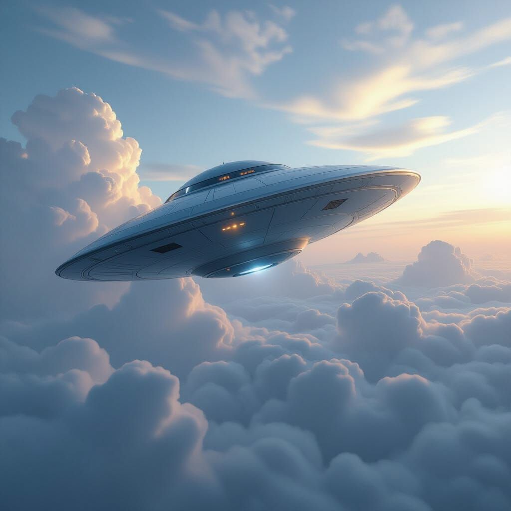 Flying Saucer Soaring Through Cloudy Sky