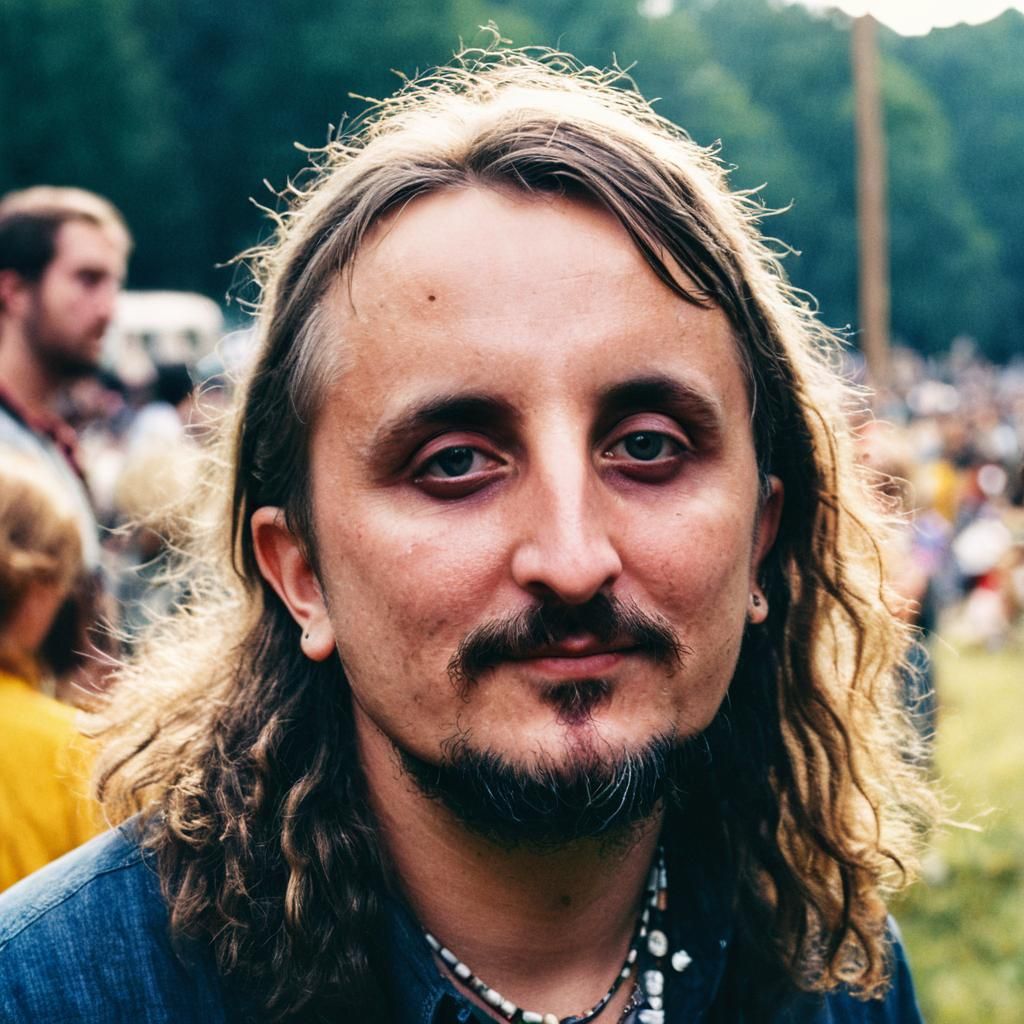 portrait of <Subject> as a hippy at woodstock. Cinematic film still, shot on v-raptor XL, film grain, vignette, color graded, post-processed...