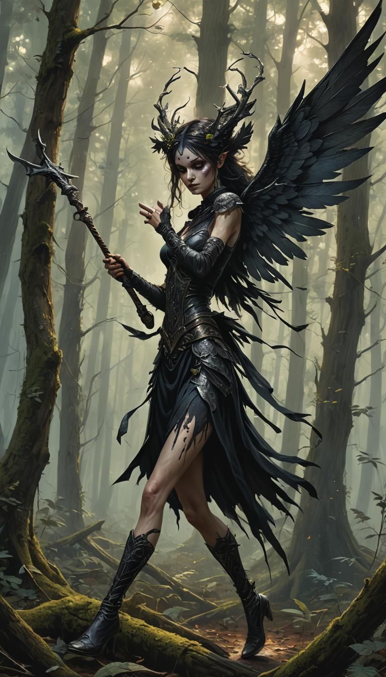 Ethereal dark fae with broken wings swinging a club