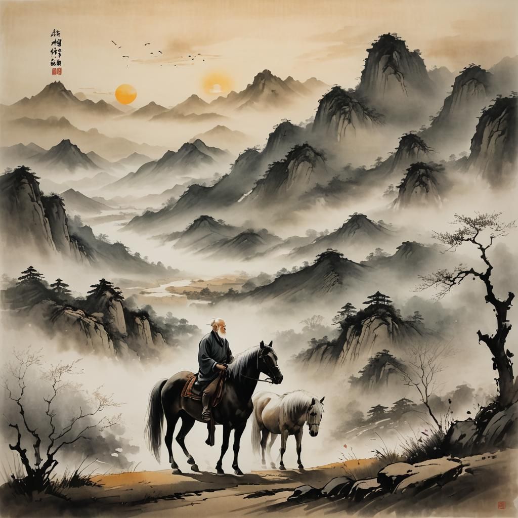 Serene Departure: Chinese Ink Painting of Acceptance