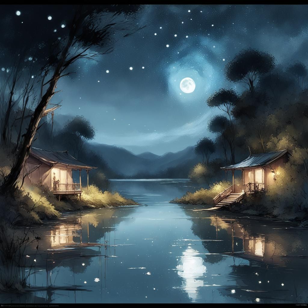 A cabin next to a river that is leading into a lake