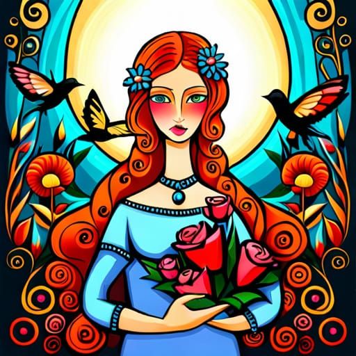 girl with dogs, birds, flowers, fairytale, magic realism, my...