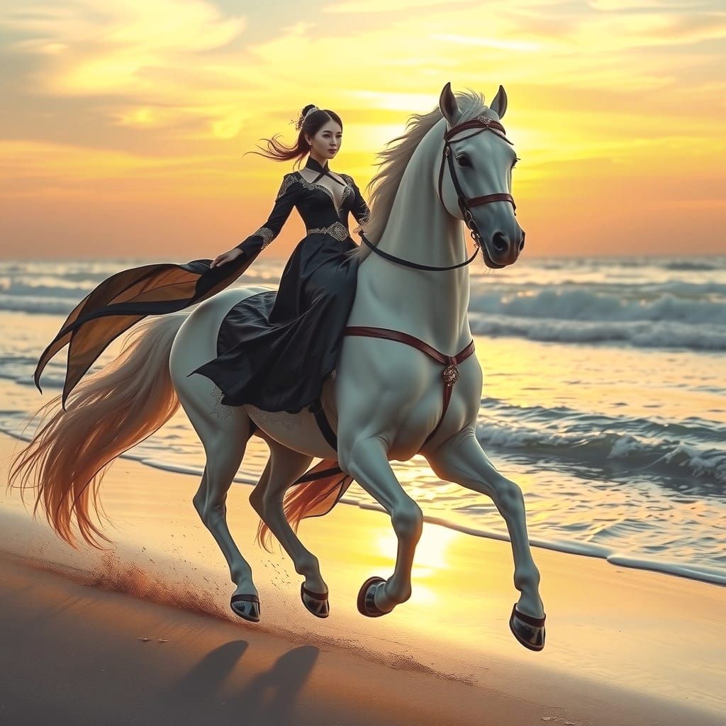 Chinese Woman on White Horse at Sunset