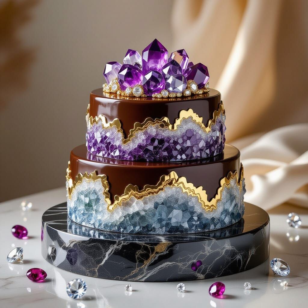  a decadent chocolate cake crafted entirely from shimmering gemstones and geodes.   by @Velvet Ray