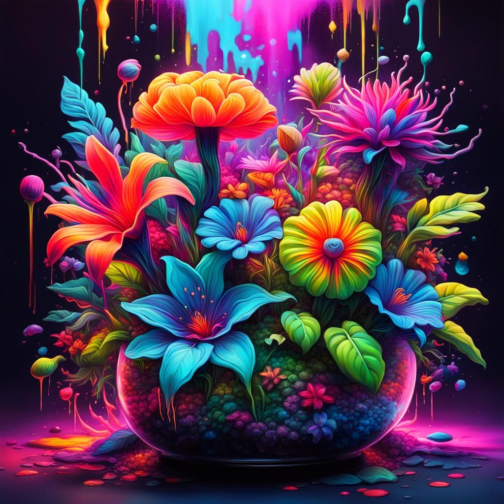 Neon colours, Abstract surrealism Terrarium of exotic neon f...