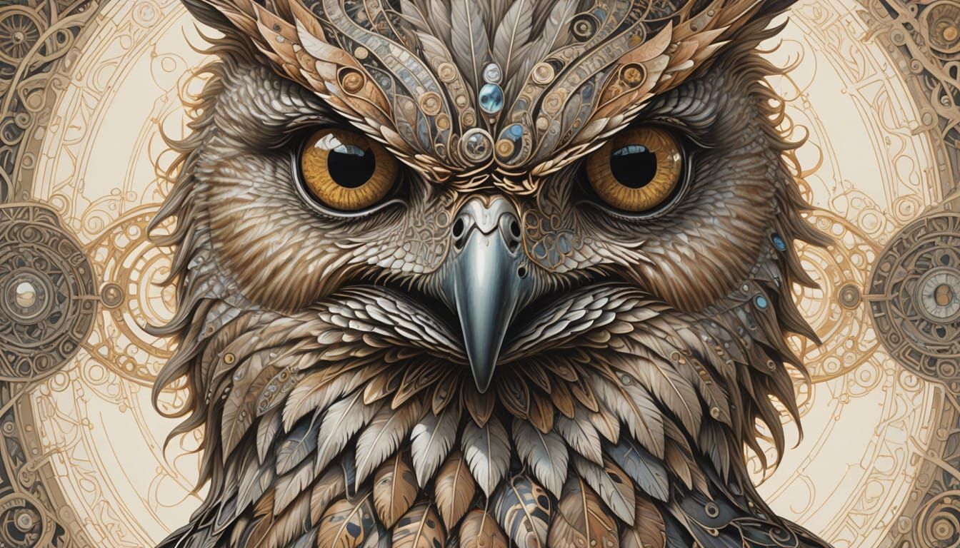 Mystical Tawny Frogmouth in Golden Aura, Fractal Feathers, a...
