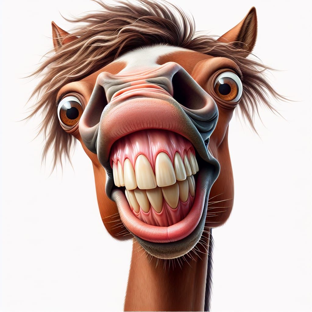 a funny, goofy, whimsical cartoon caricature of a closeup of a horse's ...