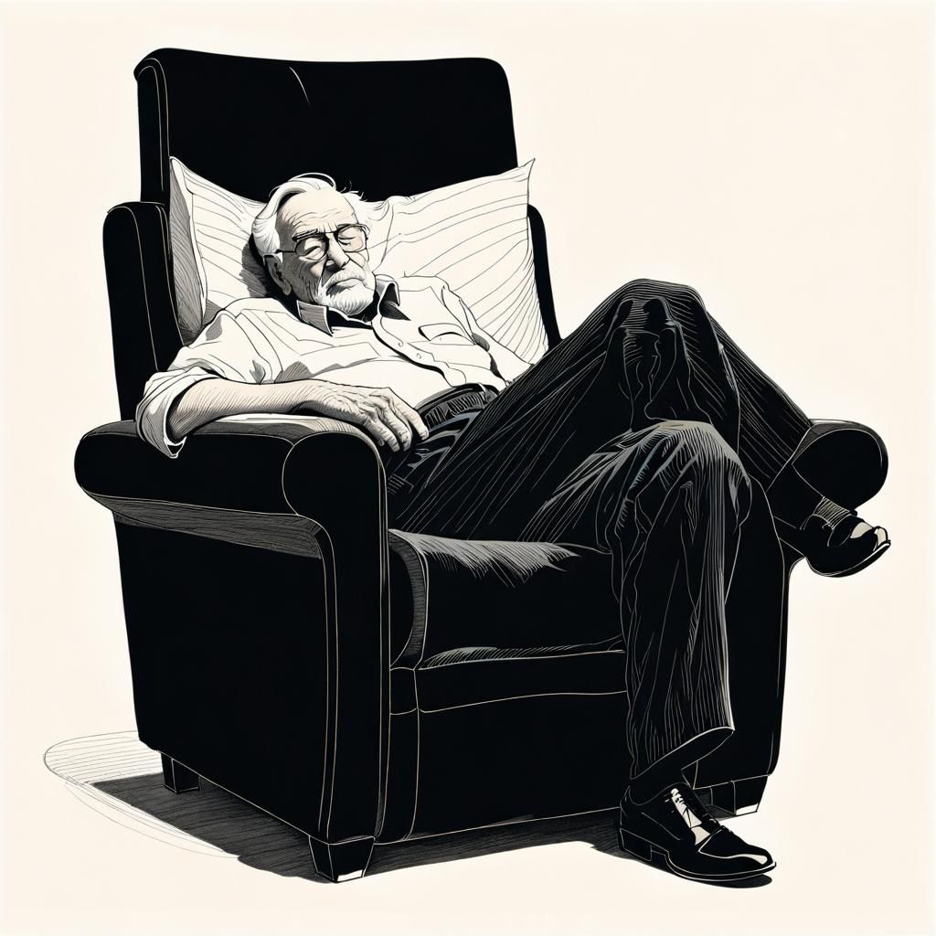 Minimalist Portrait of Sleeping Grandfather in Pencil Line A...