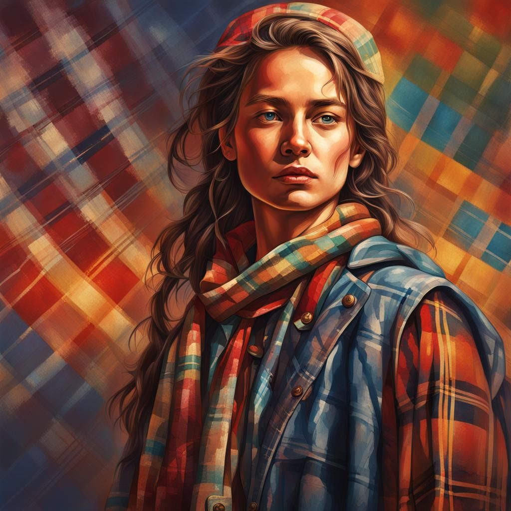 young woman with historic plaid clothes, western, Hyperrealistic, splash art, concept art, mid shot, ...  by @cassi_astronomy