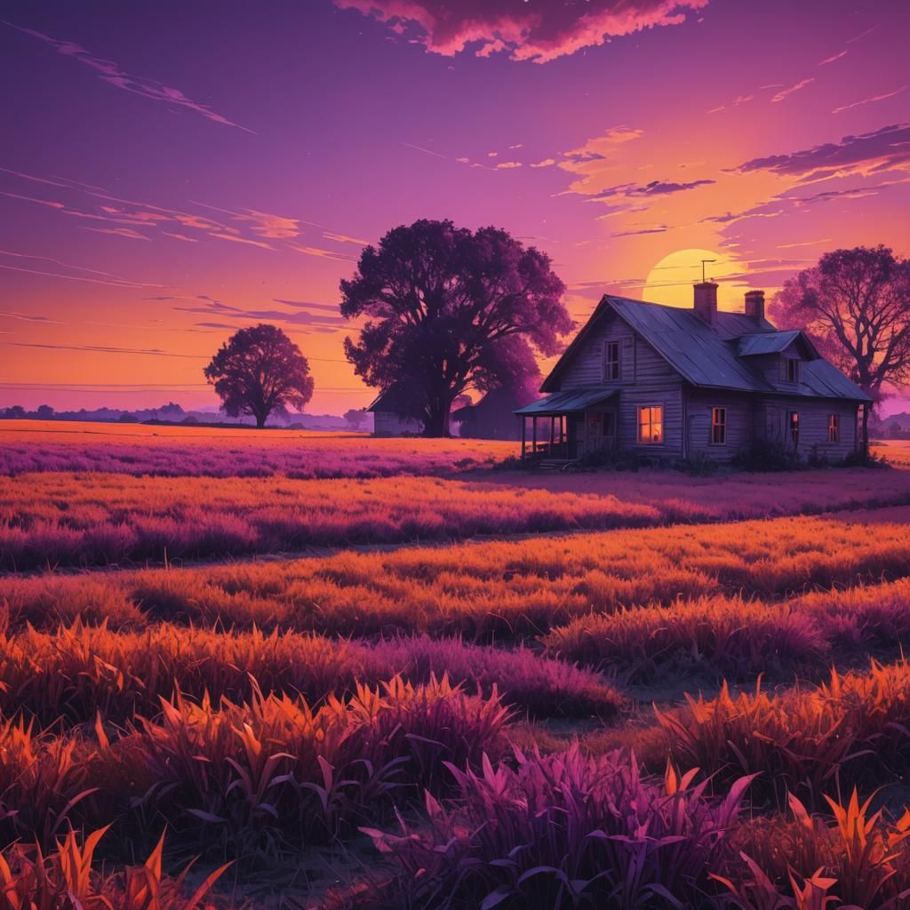 Old farmhouse in a field during sunset with vibrants orange and purple hues