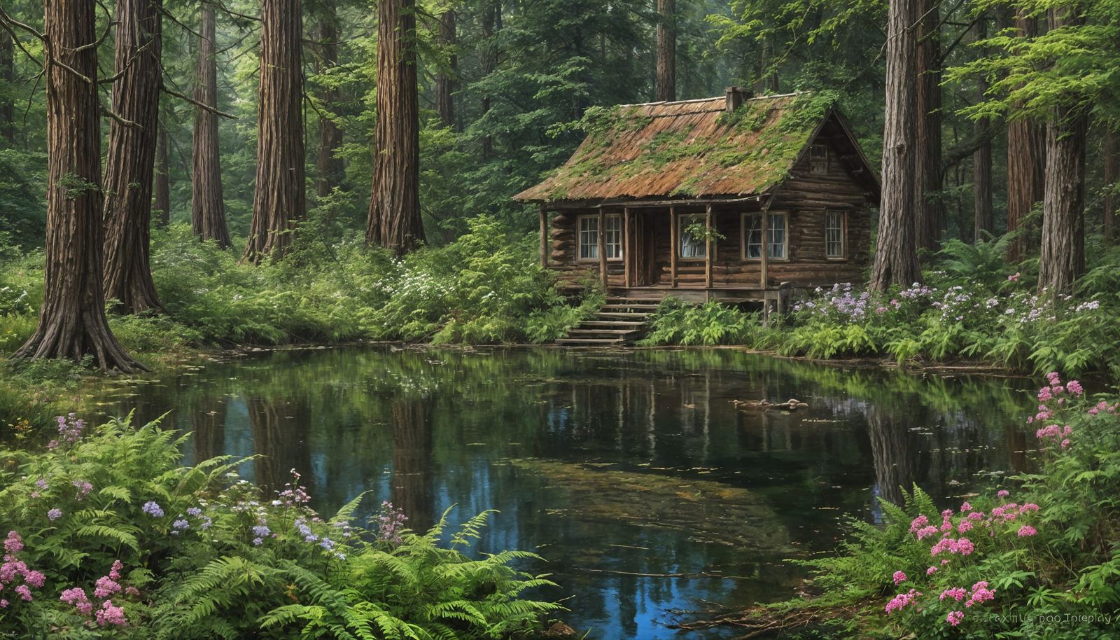 A  old fashion cabin in a redwood forest sits next to a lake that has ducks swimming on it. Blooming ...  by @Baltic_Gal