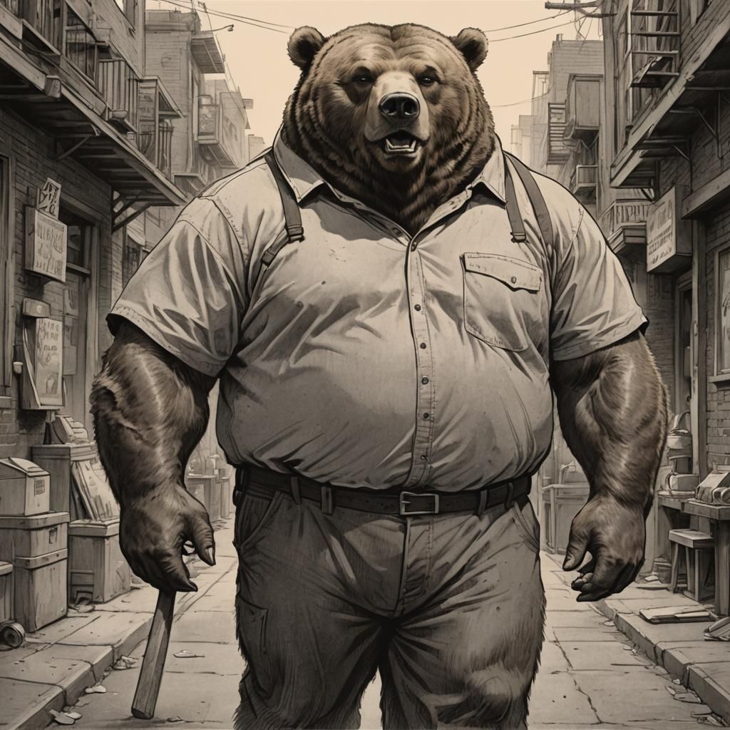 Full-body Sketch Art Portrait: Muscular Obese Grizzly Bear w...