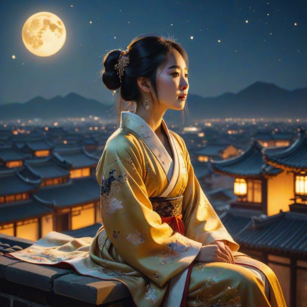 A Chinese Girl Contemplates the Stars Under Golden Moonlight