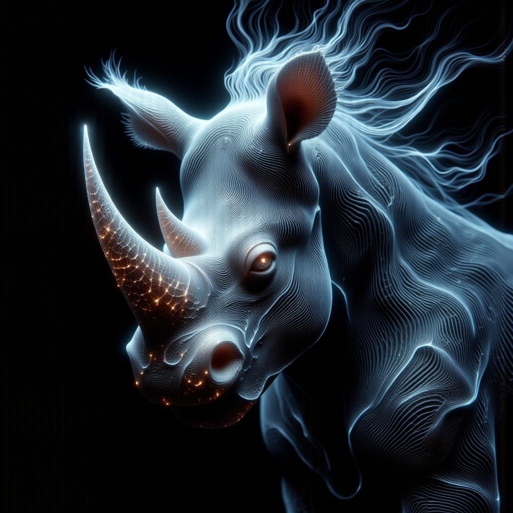 <lora:-Spectral Echo-:1.0> a rhino, prism-like glowing veins, liquid shadow contours, transparent woven lattice, radiating filaments, mischi...