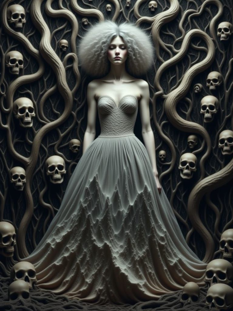 A pale, serene female figure with voluminous, curly grey hair stands against a richly textured, eerie backdrop featuring an assortment of sk...