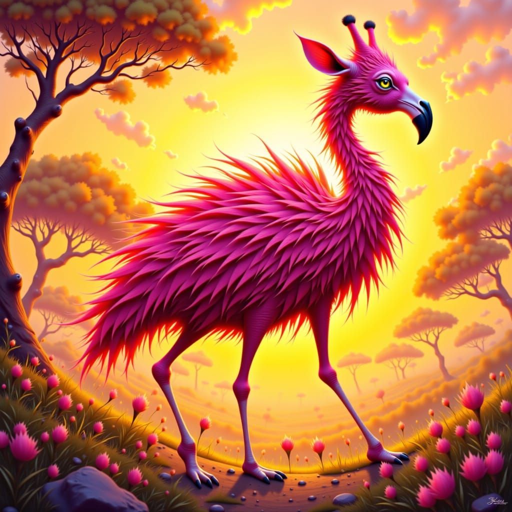 Flamingo-Giraffe Hybrid Roams Sunset Savannah in This image showing a vibrant hybrid creature that is part giraffe, flamingo and fire. It is...