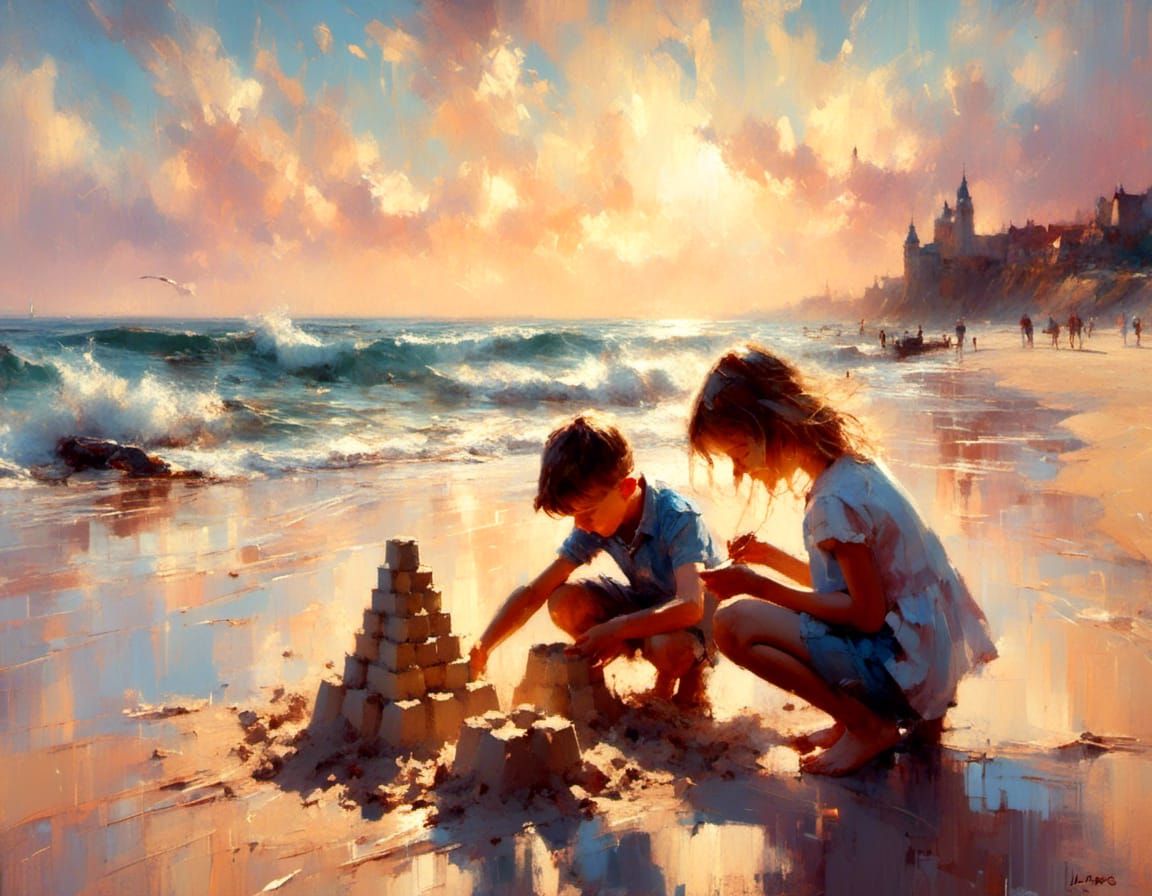 boy and girl building a sand castle on the beach on a sunny day in the style <lora:GestureCraft:1.0>