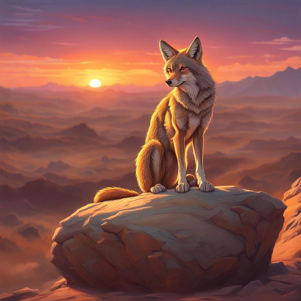 coyote sitting on a rock, stunning desert sunset. Endless landscape ...