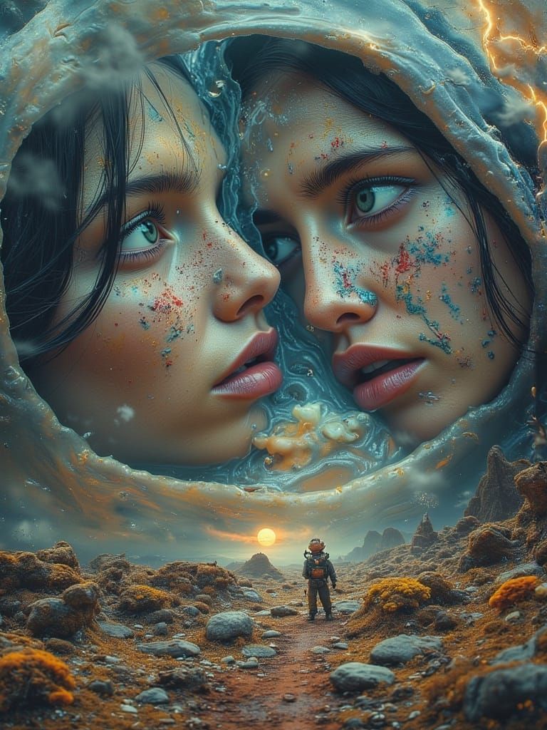 <lora:MJ6 EverydayFlux:1.0> <lora:MJ6 EyeFlux:1.0> Extreme wide-angle view, Add a surreal, [[art crafted in the style of  Overton Lloyd]], m...