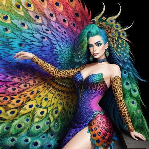 Beautiful woman colourful rainbow dragon scales. Peacock hai...
