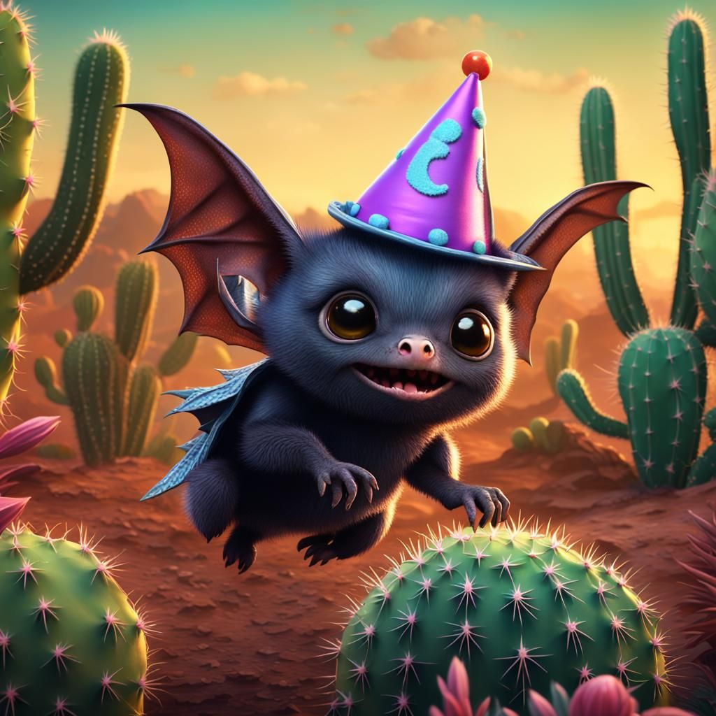 Cute baby bat with no arms wearing a party hat while flying ...