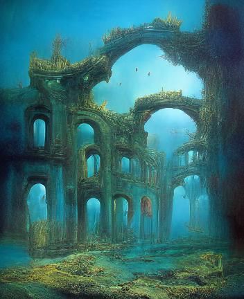 Underwater city of Atlantis old structures of forgotten palaces beksinski dore Rubens