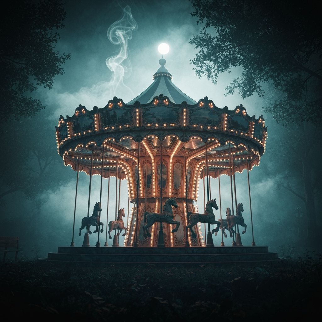  Medium shot. A lone carousel dances with shadows in a fantasy forest, dancing in moonlight. Double exposure effect. Ethereal wisps of smoke...
