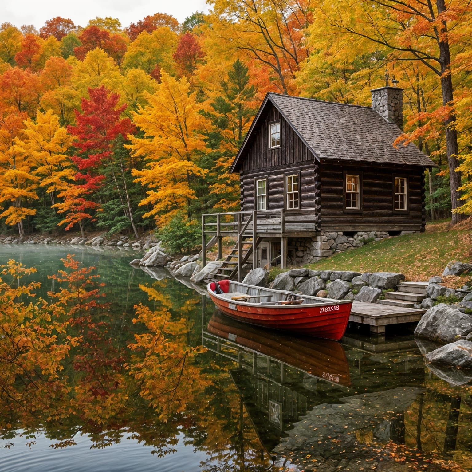 cute cabin on a lake in the fall  by @J_