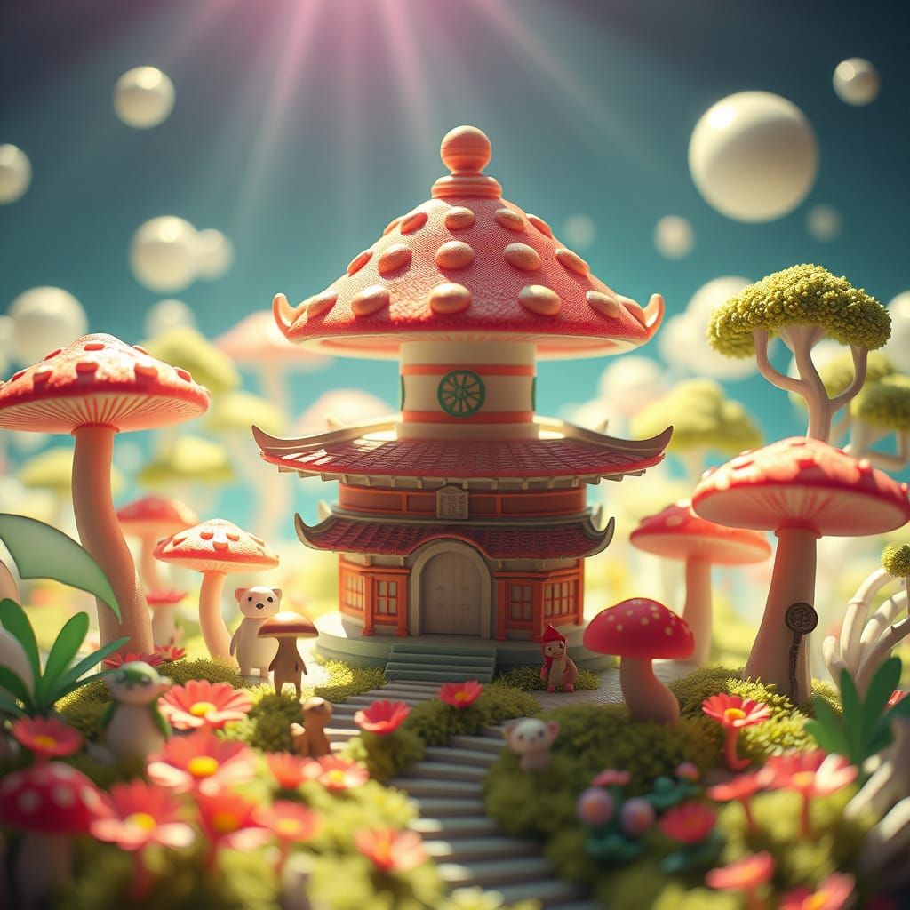 Mushroom Paradise: Fantasy Creatures in Vaporwave Diorama