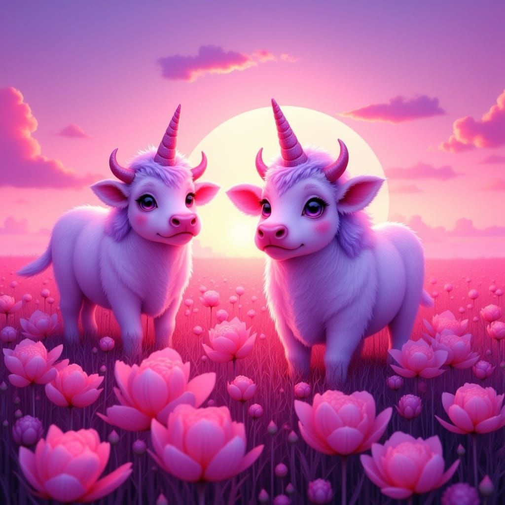 Fluffy cows Cute fluffy cows in the style of unicorns in a Peonie Synthwave landscape <lora:Fantasy Creature:1.0> 