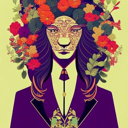 Beautiful handsome cute front portrait Lion , big long curly...