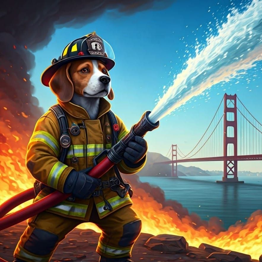 Closeup, Anthropomorphic Beagle as heroic American Firefighter. Action pose, extinguishes a fire, ultra ...  by @Good_Vibes_Only