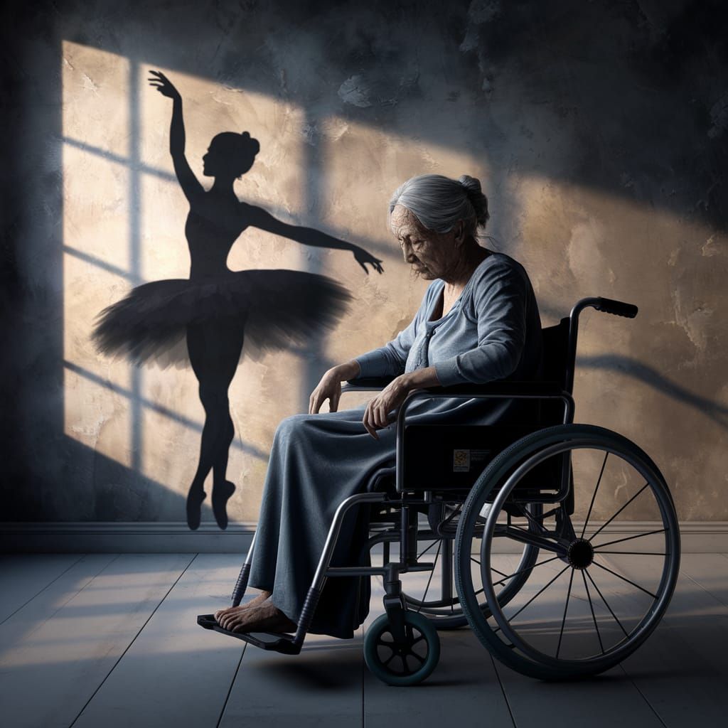 Dramatic painting of an old woman, frail and sad, sitting in a wheelchair with the shadow silhouette ...  by @AutumnBear