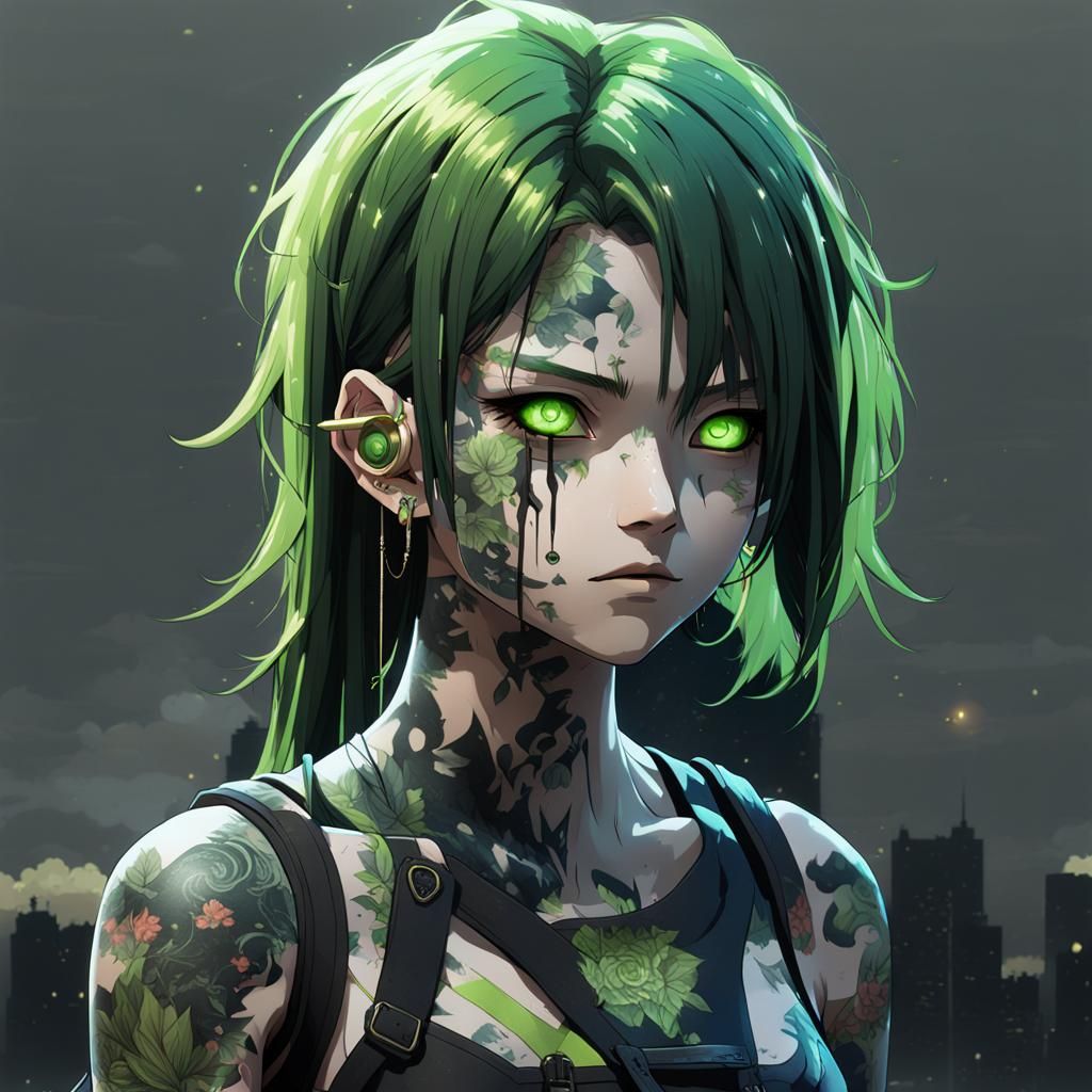 Anime humanoid with long lime green hair and glowing green eyes with a  blank expression, minimalist tattoos on face but almost her entire bo... -  AI Generated Artwork - NightCafe Creator