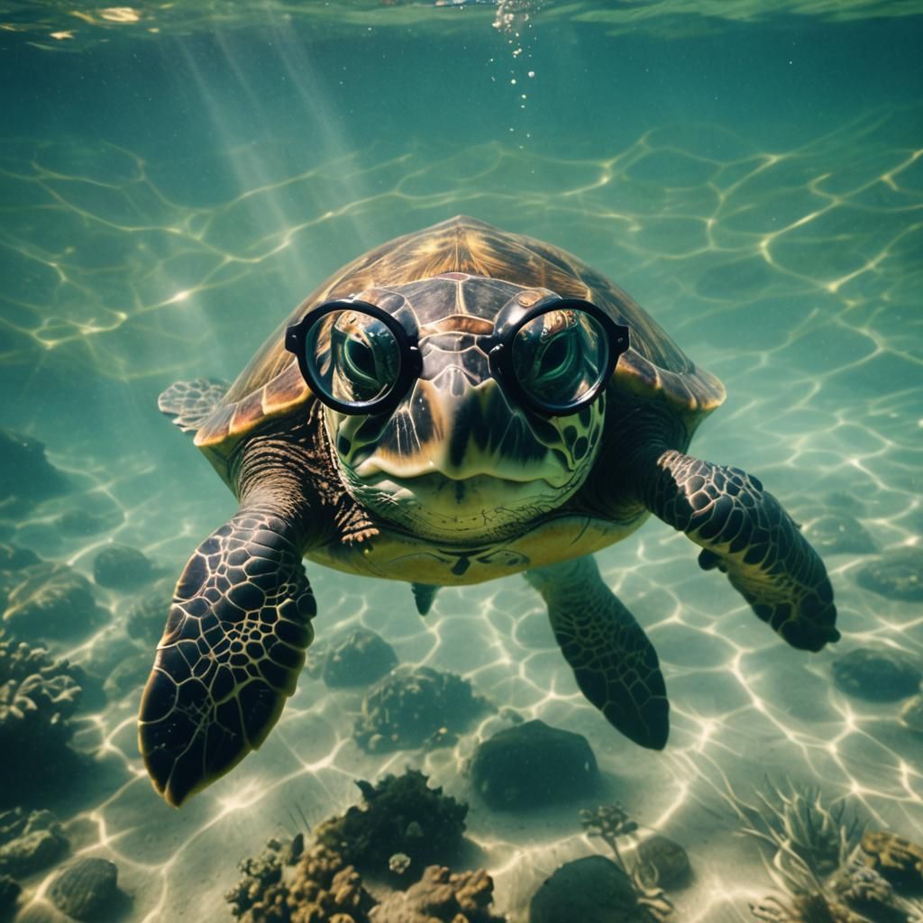 Sea Turtle with Glasses Underwater in Cinematic Style