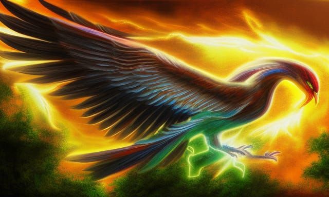 Phoenix rebirth in magical canyon flying into sky, HD, light...