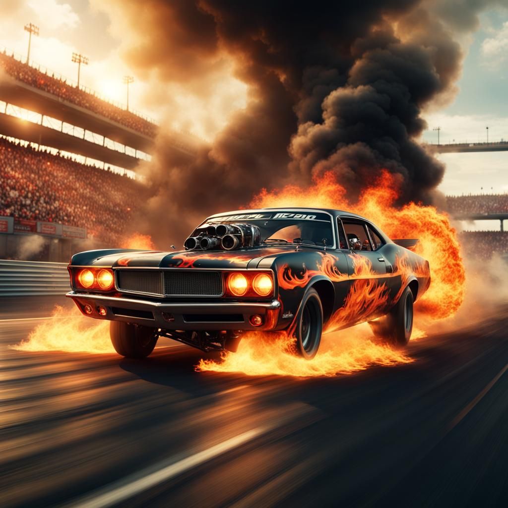 A Drag Racing car running with flames at his back with the devil running out of hell  by @LightAndShadows