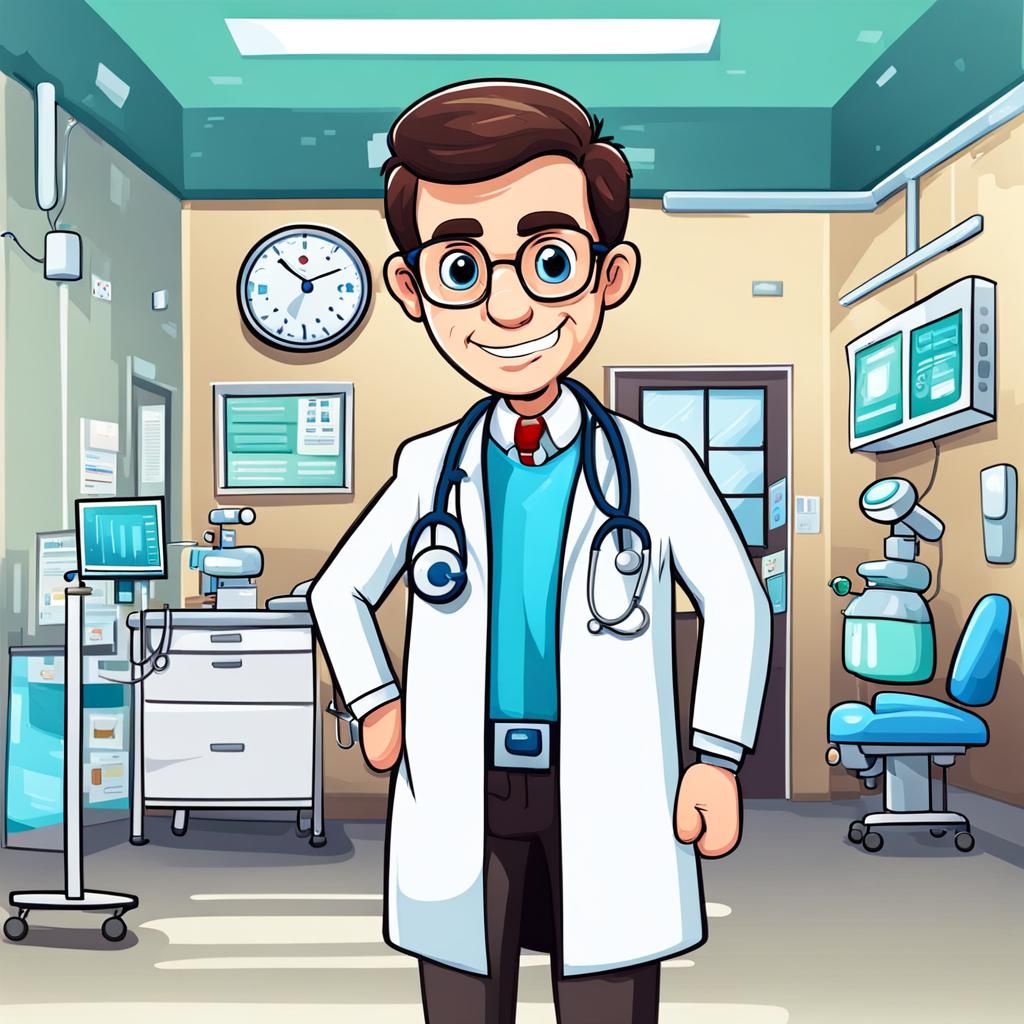 A cartoon doctor is at the hospital