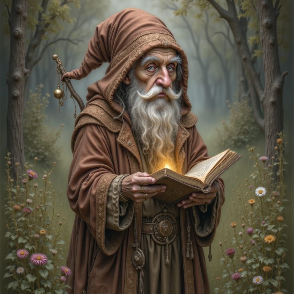 Elderly gnome stands in a wild meadow, twilight glow, clutching worn leather book filled with forgotten lore, eyes like molten gold, recitin...